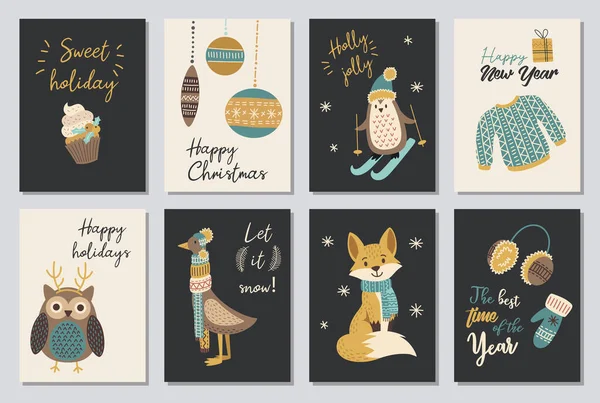Állítsa Modern Kézzel Rajzolt Karácsonyi Gretting Kártyák Állatok Egyéb Elszigetelt — Stock Vector