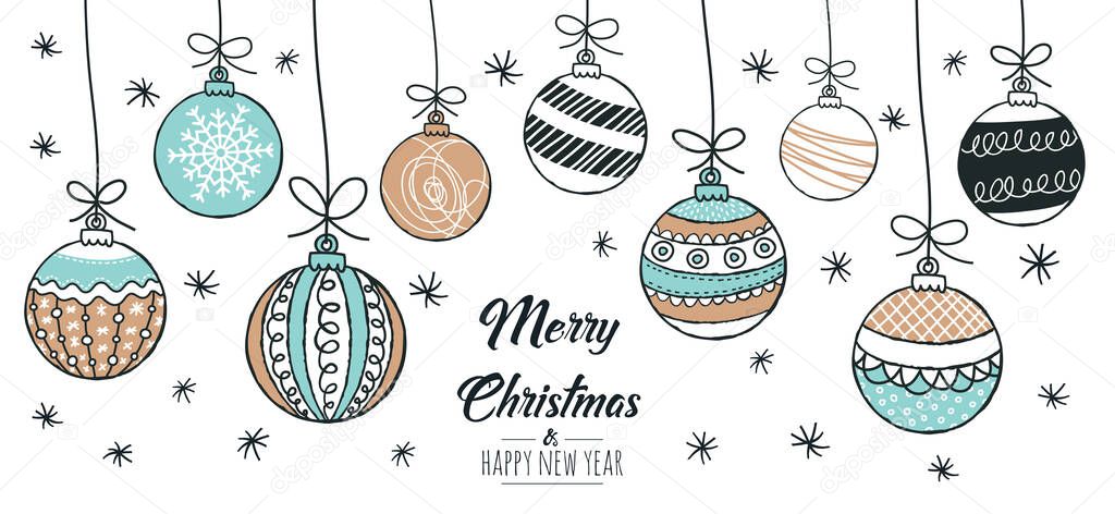 Set of hand drawn christmas baubles. Decoration isolated elements. Doodles and sketches vector illustration