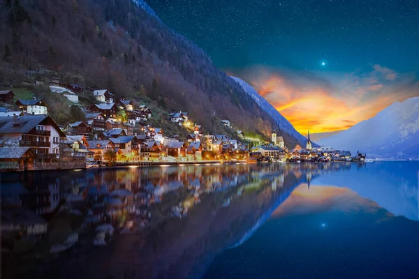 Charming Village Hallstatt Night Stars Sky Austrian Alps — Stock Photo, Image