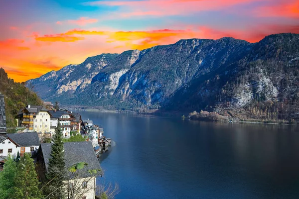 Charming Village Hallstatt Night Stars Sky Austrian Alps — Stock Photo, Image