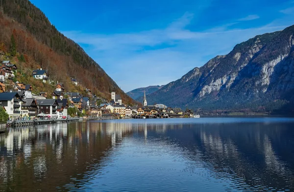 Charming Village Hallstatt Night Stars Sky Austrian Alps — Stock Photo, Image