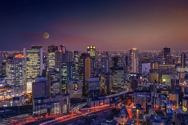 Skyline Cidade Osaka Sob Luar Noite — Fotografia de Stock