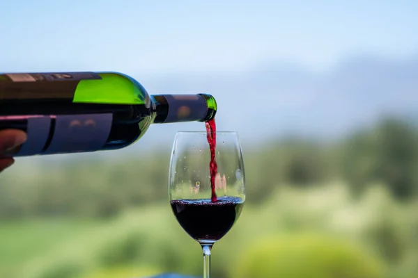 Het Gieten Van Rode Wijn Het Glas Tegen Natuur Wazig — Stockfoto