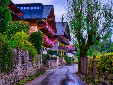 Büyüleyici alp tarzı evler St. Wolfgang 'da pitoresk bir cadde çiziyor, balkonları renkli çiçeklerle dolup taşıyor. Salzkammergut, Avusturya