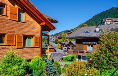 Wengen, İsviçre 'de panjurları açık, çatıları kayrak ve yeşil bahçeleri olan geleneksel ahşap kiremitlerin güneşli manzarası.
