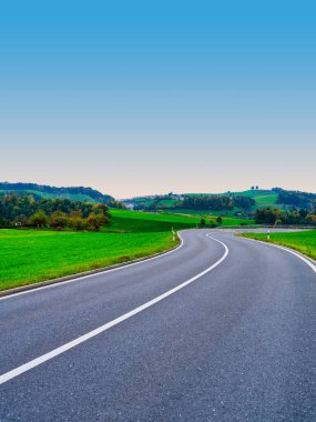 İsviçre 'nin Zürih Kantonu Hirzel Kantonu kırsalındaki yemyeşil yuvarlak tepeler ve çayırlar boyunca kıvrımlı asfalt yol.