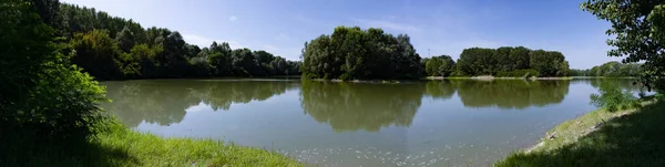 Lagoa verde e bosques no campo italiano — Fotografia de Stock