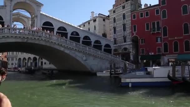 Vista del Puente de Ponte Rialto desde el Tragetto navegando por el Gran Canal, Venecia Italia — Vídeos de Stock