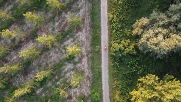 Дрон Джи пролетел над велосипедной дорожкой и велосипедистом. 4K видео. — стоковое видео