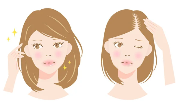 Cabello Separar Mujer Adelgazamiento Antes Después Ilustración Cuidado Del Cabello — Vector de stock