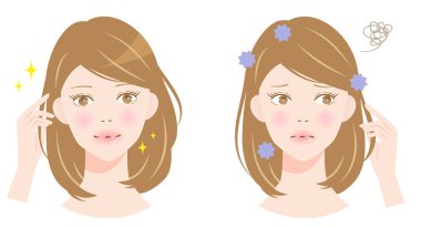 İllüstrasyondan önce saç ve kafa derisi kokusu genç bayan. Saç bakımı güzellik konsepti