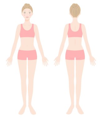 Kadın tüm vücudu. Ayakta duran bir kadının ön ve arka görüntüsü. Güzellik vücut bakımı kavramı
