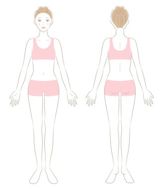 Kadın tüm vücudu. Ayakta duran bir kadının ön ve arka görüntüsü. Güzellik vücut bakımı kavramı