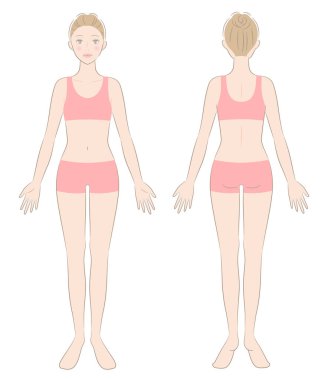 Kadın tüm vücudu. Ayakta duran bir kadının ön ve arka görüntüsü. Güzellik vücut bakımı kavramı