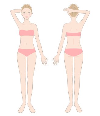İç çamaşırlı bir kadın. Ayakta duran bir kadının ön ve arka görüntüsü. Güzellik vücut bakımı kavramı