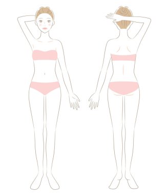 İç çamaşırlı bir kadın. Ayakta duran bir kadının ön ve arka görüntüsü. Güzellik vücut bakımı kavramı