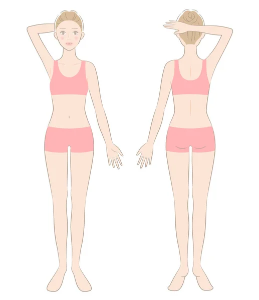 穿着运动胸罩和短裤的女人 站立女性的前视和后视 美体护理概念 — 图库矢量图片