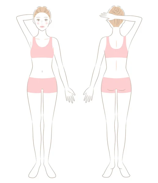 穿着运动胸罩和短裤的女人 站立女性的前视和后视 美体护理概念 — 图库矢量图片