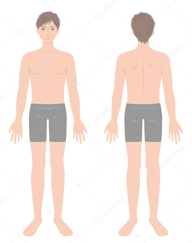 handsome young man full body in underwear. front and back view of standing male. Beauty and healthy body care concept