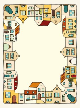 Poster, kartpostal veya illüstrasyon için şirin renkli evler çerçevesi