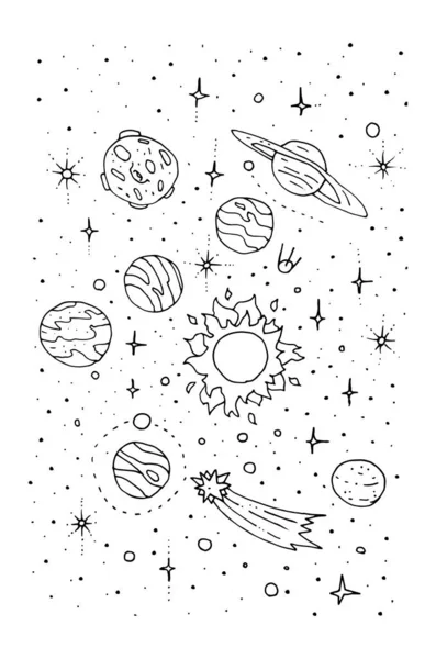Sonnensystem Raum Schwarz Weiß Doodle Stil — Stockvektor