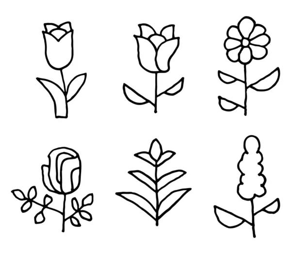 用于标识 徽章的一套涂鸦风格的可爱花朵 — 图库矢量图片