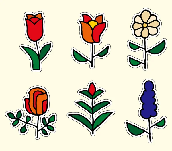 Set Jolies Fleurs Dans Style Doodle Coloré Pour Logos Étiquettes — Image vectorielle