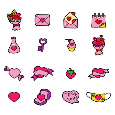 Baskı, kartpostal, web siteleri, not defterleri ve çıkartmalar için renkli karalama tarzında şirin kalpler. Zarflar, buketler, tatlılar, pasta, takvim