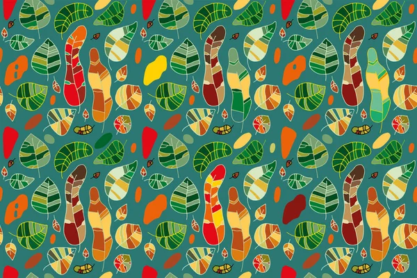 Motif Feuilles Abstraites Dans Style Doodle Coloré Sur Fond Vert — Image vectorielle