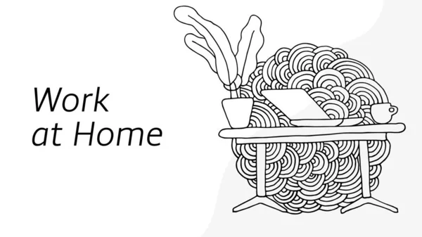 家で働いてる 家にいて 落書きスタイルでサイトのヘッダー 水平方向のバナー 黒と白の色 コンピュータ コーヒーマグカップ 観葉植物を備えたデスクトップ ベクトルEps — ストックベクタ