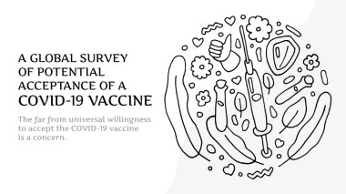 Coronavirus aşısı. Bir şırınga ve iki ampul. Web sitesi başlığı ya da afişi siyah-beyaz Doodle tarzında. COVID-19 aşısı için küresel çapta bir araştırma. Vektör EPS 10