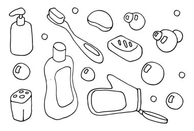 Beyaz üzerine Doodle tarzında izole edilmiş vektör çizgi film set güzellik ve hijyen nesneleri. Şampuan, sabun, diş fırçası, sabun köpüğü, bez. Vektör EPS 10