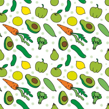 Sebze ve meyve deseni. Renkli Doodle tarzında kusursuz el çizimi. Özgeçmiş, kartpostallar, posterler, afişler, tekstil baskıları, kapaklar, web tasarımları. Sağlıklı beslenme. Vejetaryenlik. Vektör EPS 10