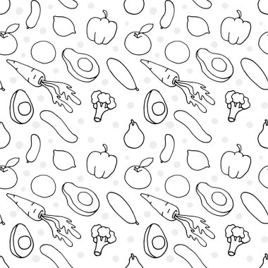 Sebze ve meyve deseni. Doodle tarzında kusursuz el çizimi. Özgeçmiş, kartpostallar, posterler, afişler, tekstil baskıları, kapaklar, web tasarımları. Sağlıklı beslenme. Vejetaryenlik. Vektör EPS 10