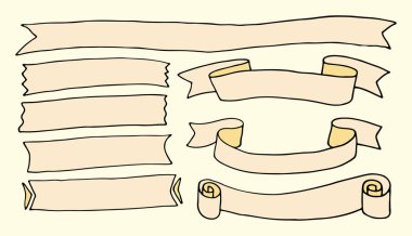 Renkli Doodle tarzı el çizimi kurdeleler. Bayraklar. Eski kartpostallar, afişler, etiketler, defterler için. Vektör EPS 10