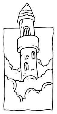 Bulutlardaki kule. Doodle tarzında vektör illüstrasyonu. Posteri veya kartpostalı hazırla