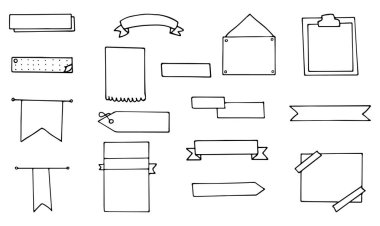 Doodle tarzında el yapımı şirin klasik kurdeleler ve çerçeveler. Kartpostallar, kapaklar, mesajlar için. Vektör EPS 10