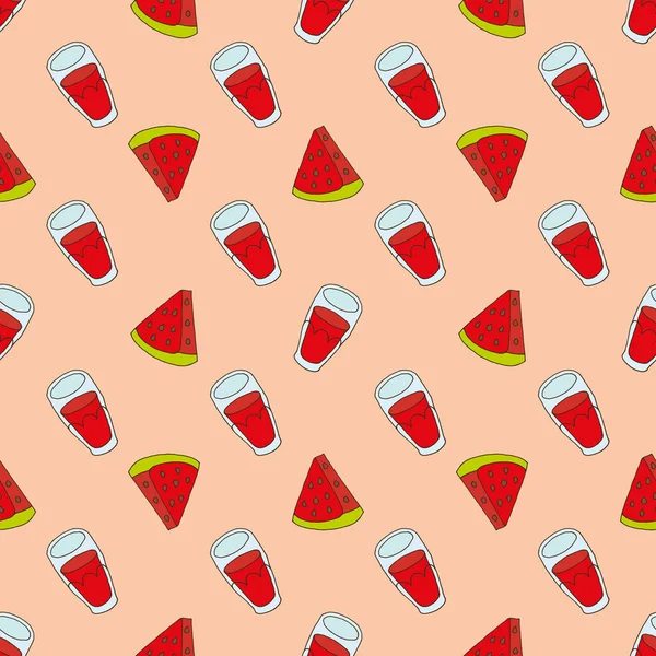 Pattern Glasses Red Juice Watermelon Slices Drawn Hand Vector Eps — Stock Vector