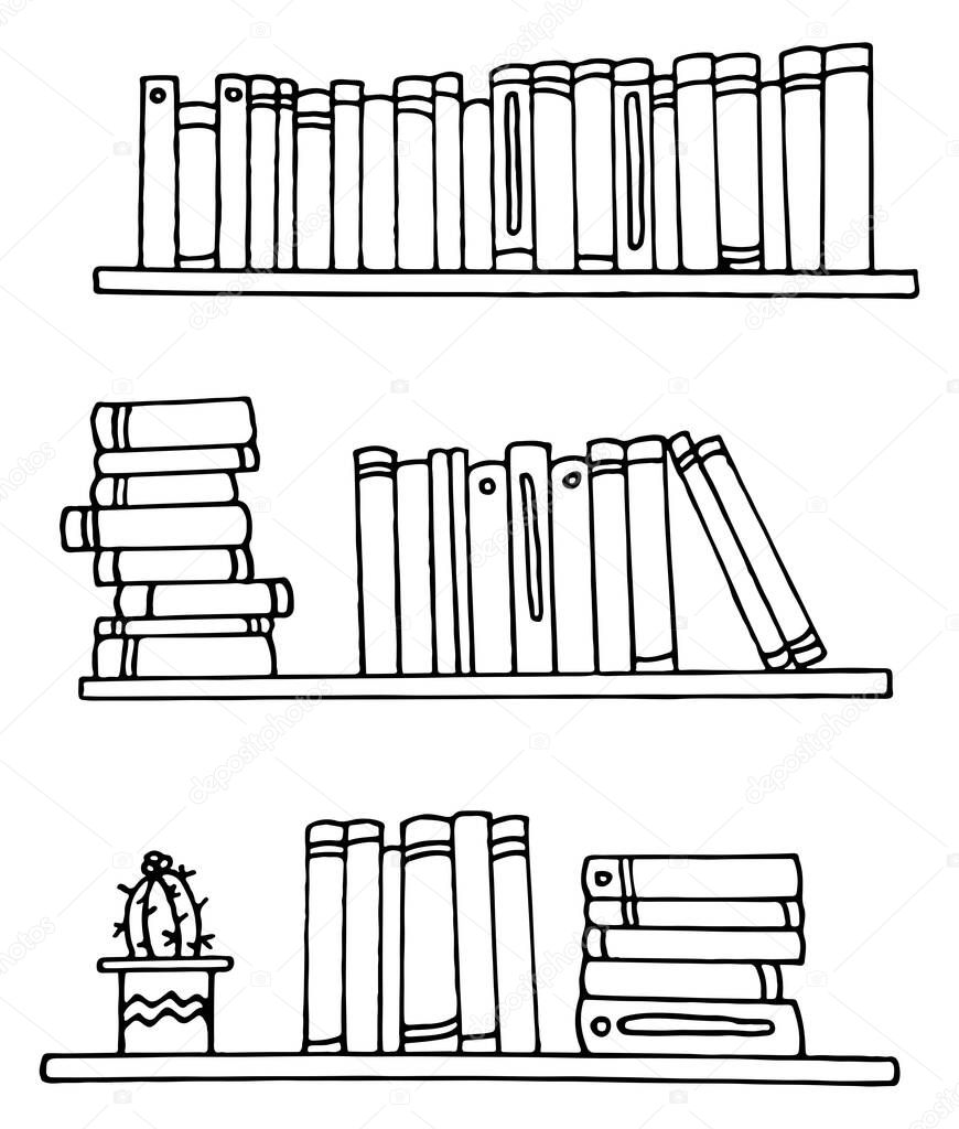 Doodle style bookshelves for notebooks, posters, postcards. Vector EPS 10