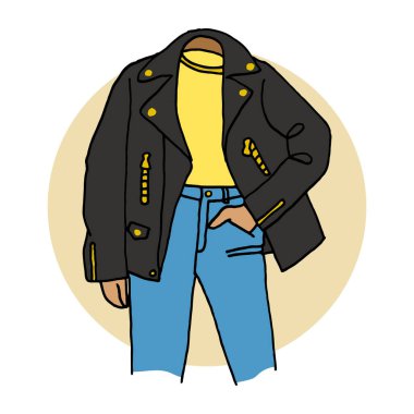 Deri ceket, tişört ve kot pantolon. Renkli çizim. Vektör EPS 10