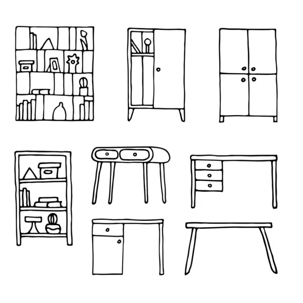 作業台とキャビネットのセットは 落書きスタイルです キャビネットの家具を改装 ベクトルEps — ストックベクタ