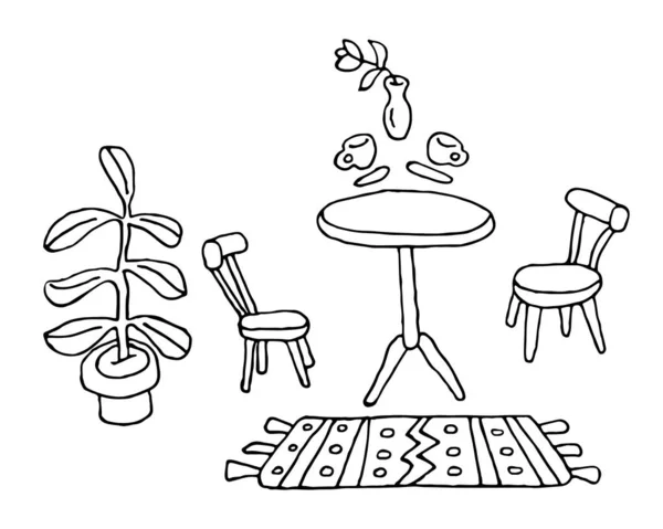 Intérieur Confortable Café Table Chaises Ficus Tapis Tasses Café Dessiné — Image vectorielle