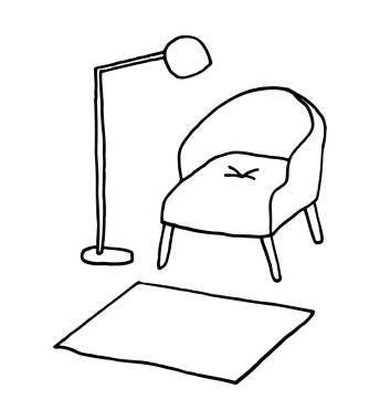 Koltuk, halı ve lamba. Doodle tarzında çizim. Vektör EPS 10