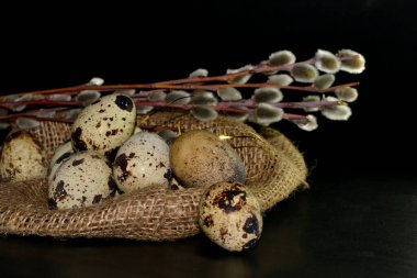 Siyah arka planda paskalya yumurtaları ve söğüt dalları