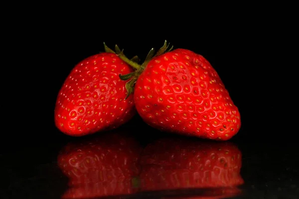 Two Fresh Red Strawberries Isolated Black Background Reflection — Stock Photo, Image