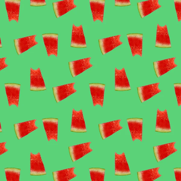 Wassermelonenmuster Rote Wassermelone Auf Grünem Hintergrund Sommerkonzept Flache Lage Draufsicht — Stockfoto