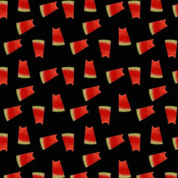 Візерунок Кавуна Червоний Кавун Чорному Тлі Літня Концепція Плоский Прошарок — стокове фото