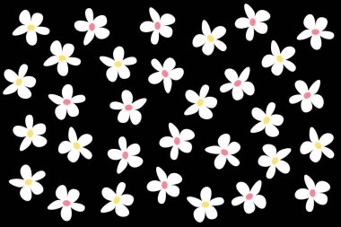 Canlı bir desen, siyah arka planda sarı merkezli sayısız beyaz çiçek sergiliyor. Bu tasarım neşeli ve modern bir estetik ile neşe katar..