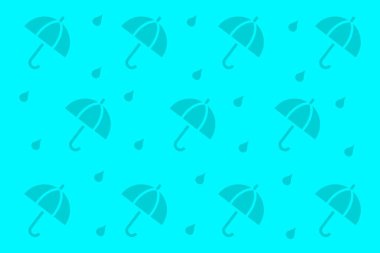 Parlak turkuaz arka planda hafif yağmur damlaları olan birden fazla stilize şemsiye bulunuyor. Oyuncu tasarım, dekor da dahil olmak üzere çeşitli kullanım alanları için canlı ve neşeli bir ortam yaratır..