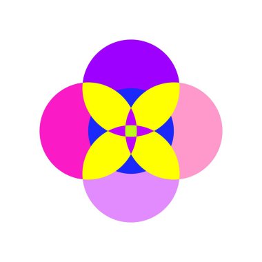 Canlı bir çiçek benzeri tasarım pembe, mor ve sarı tonlarında üst üste daireler çizer. Bu kompozisyon modern sanat veya grafik tasarım için uygun çarpıcı bir görsel etki yaratır..
